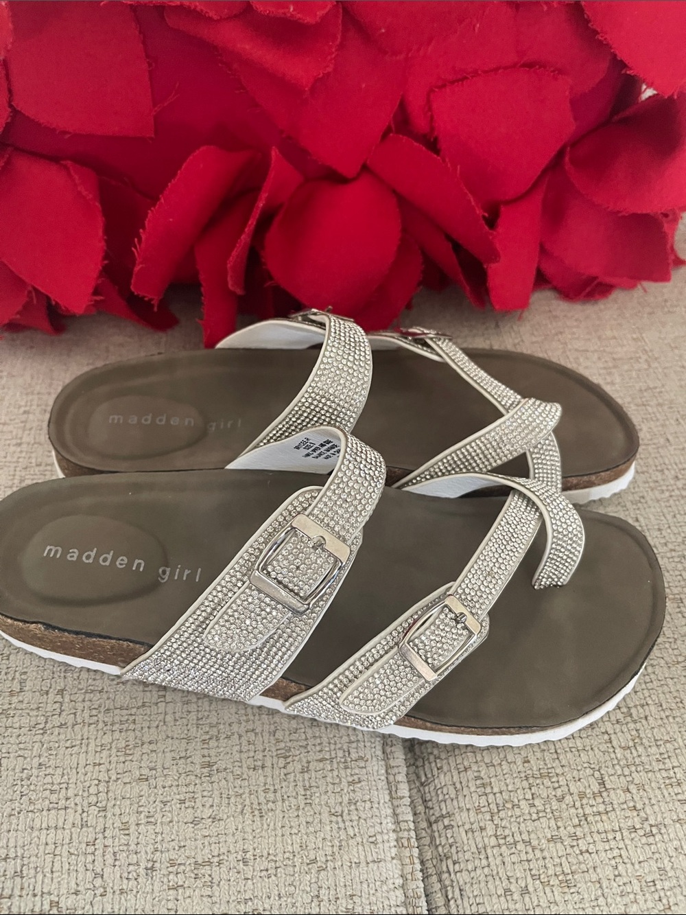 Madden Girl Sparkling Silver Buckle Slide Sandals
